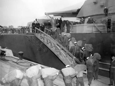 Battleship USS Missouri (BB-63) mail delivery 1945