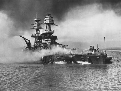 Burning USS NEVADA BB-36 during Japanese Attack on Pearl Harbor – December 7, 1941