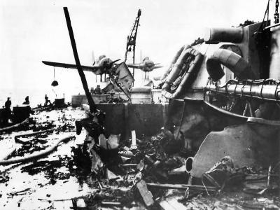USS NEVADA BB-36 after Japanese Kamikaze Attack off Okinawa