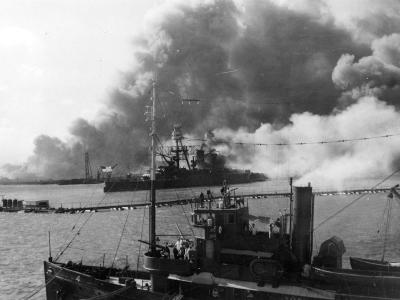 battleship USS Nevada (BB-36) underway during the Pearl Harbor attack