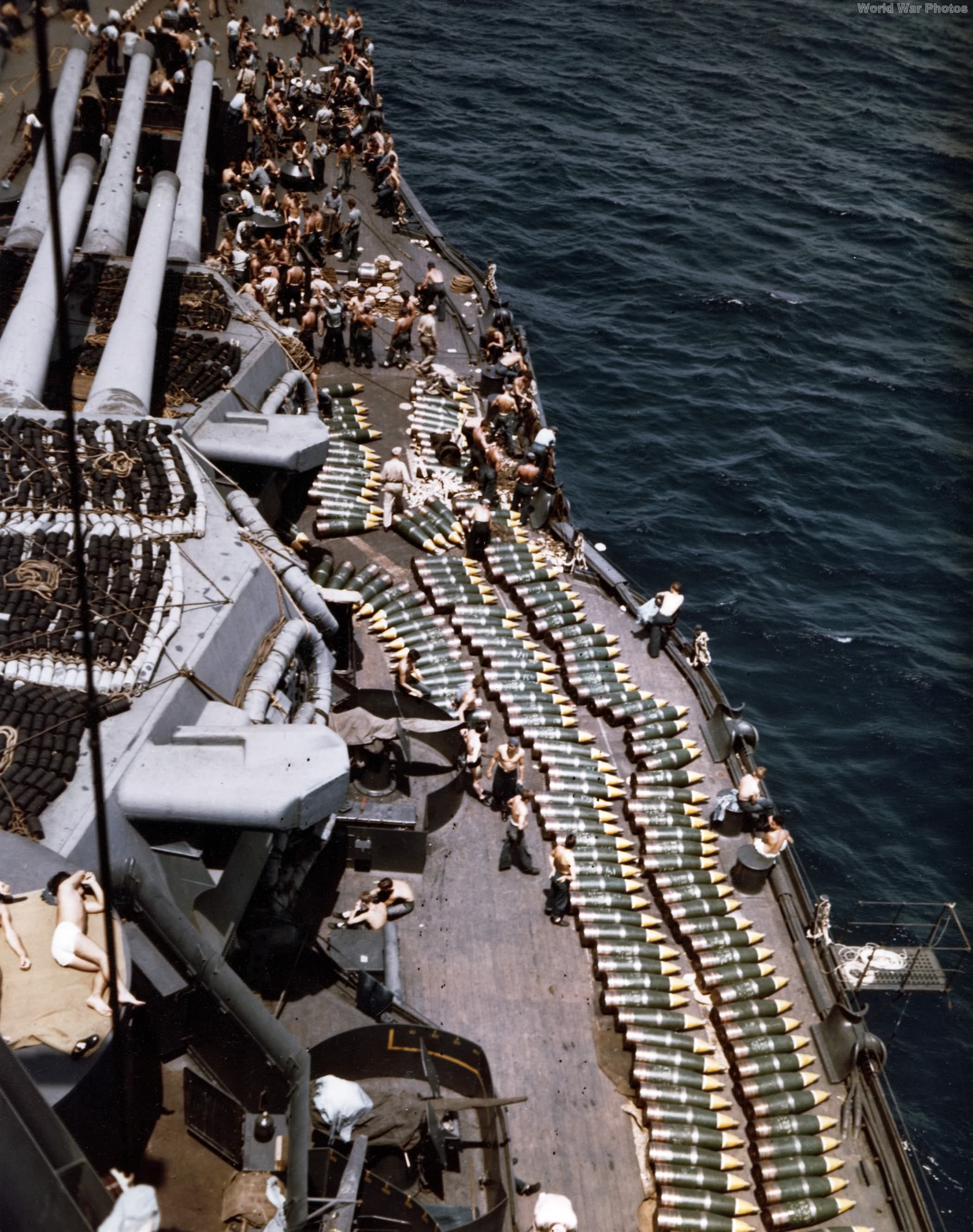 USS New Mexico 14-inch projectiles on deck, Invasion of Guam July 1944