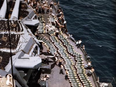 USS New Mexico 14-inch projectiles on deck, Invasion of Guam July 1944