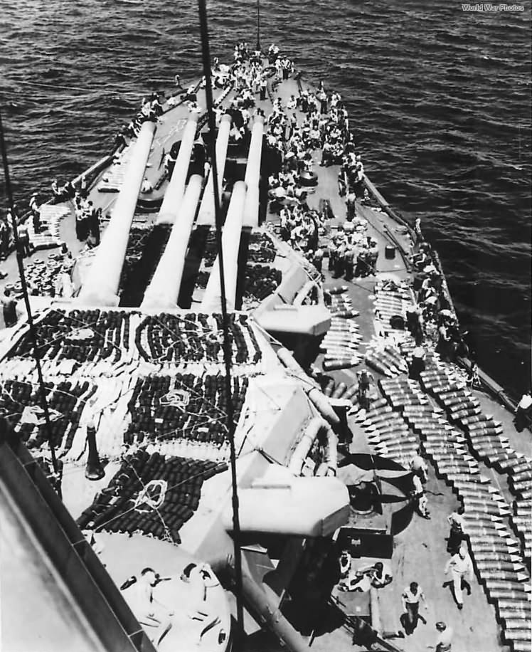 Shells line on deck USS New Mexico enroute to Guam