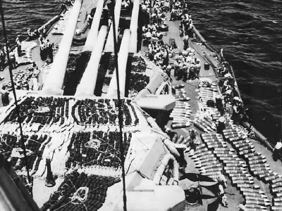 Shells line on deck USS New Mexico enroute to Guam