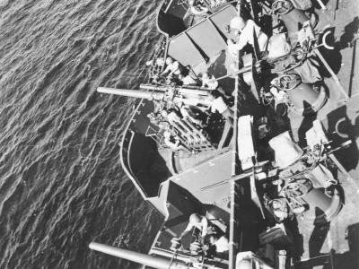 USS New Mexico 5 inch battery prepares to fire during the bombardment of Saipan 15 June 1944 2
