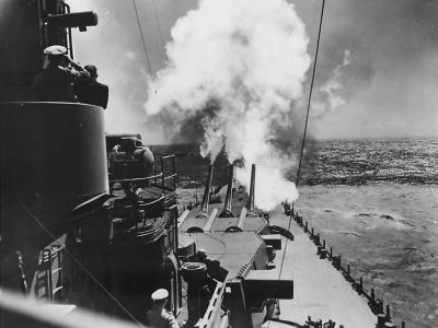 USS North Carolina firing her forward guns during trials 1941