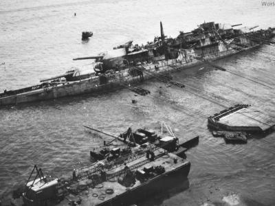Oklahoma undergoes the righting operation 7 April 1943
