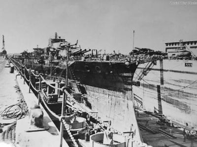 USS Oklahoma in drydock No. 2, at the Pearl Harbor