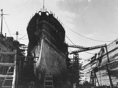 Battleship USS Oklahoma in drydock 1944