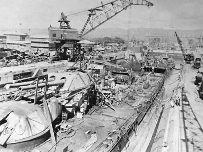 Battleship USS Oklahoma in dry dock at Pearl Harbor 1944
