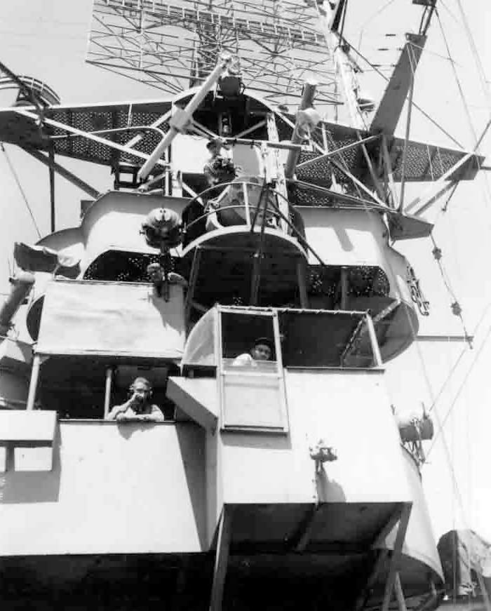 View of the island of the escort carrier Santee in 1945