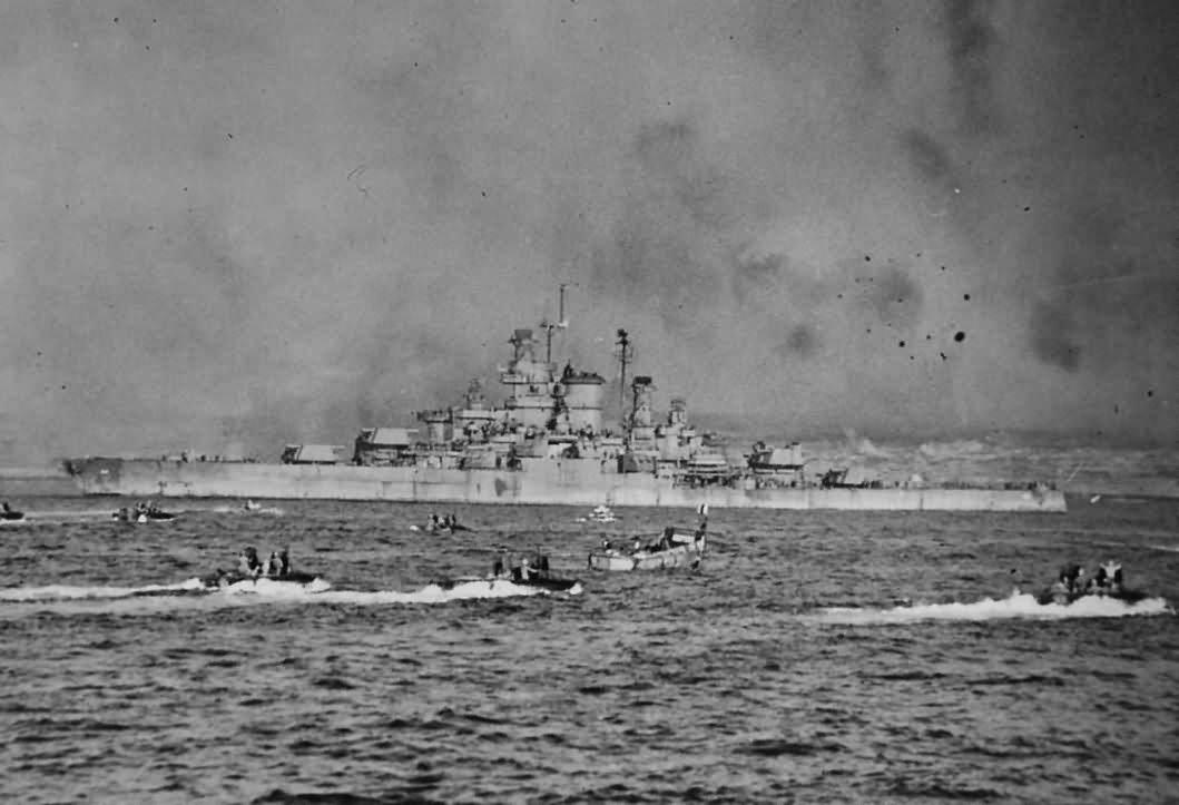 Battleship USS Tennessee (BB-43) as she pours broadside of shell into enemy implacements on Iwo Jima 1945