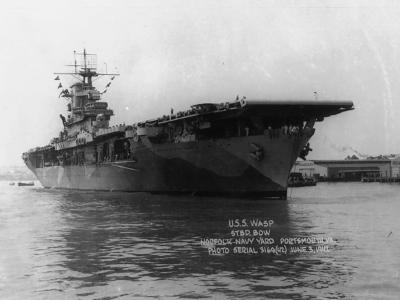 Aircraft Carrier USS Wasp CV-7, Norfolk June 1942, bow view