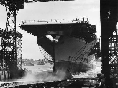 Sons of Lost Crew Cheer Launch of New USS Wasp CV-18 17 August 1943