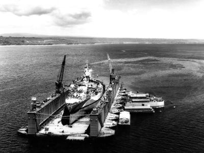 Battleship USS West Virginia BB-48 in floating drydock ABSD 1 off Aessi Island 13 November 1944