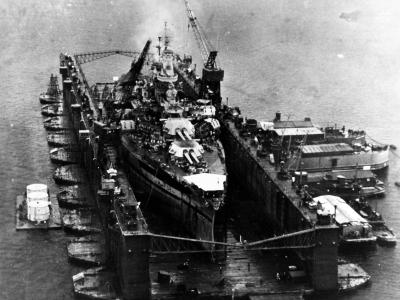 Battleship USS West Virginia in the ABSD floating drydock at Espiritu Santo November 1944