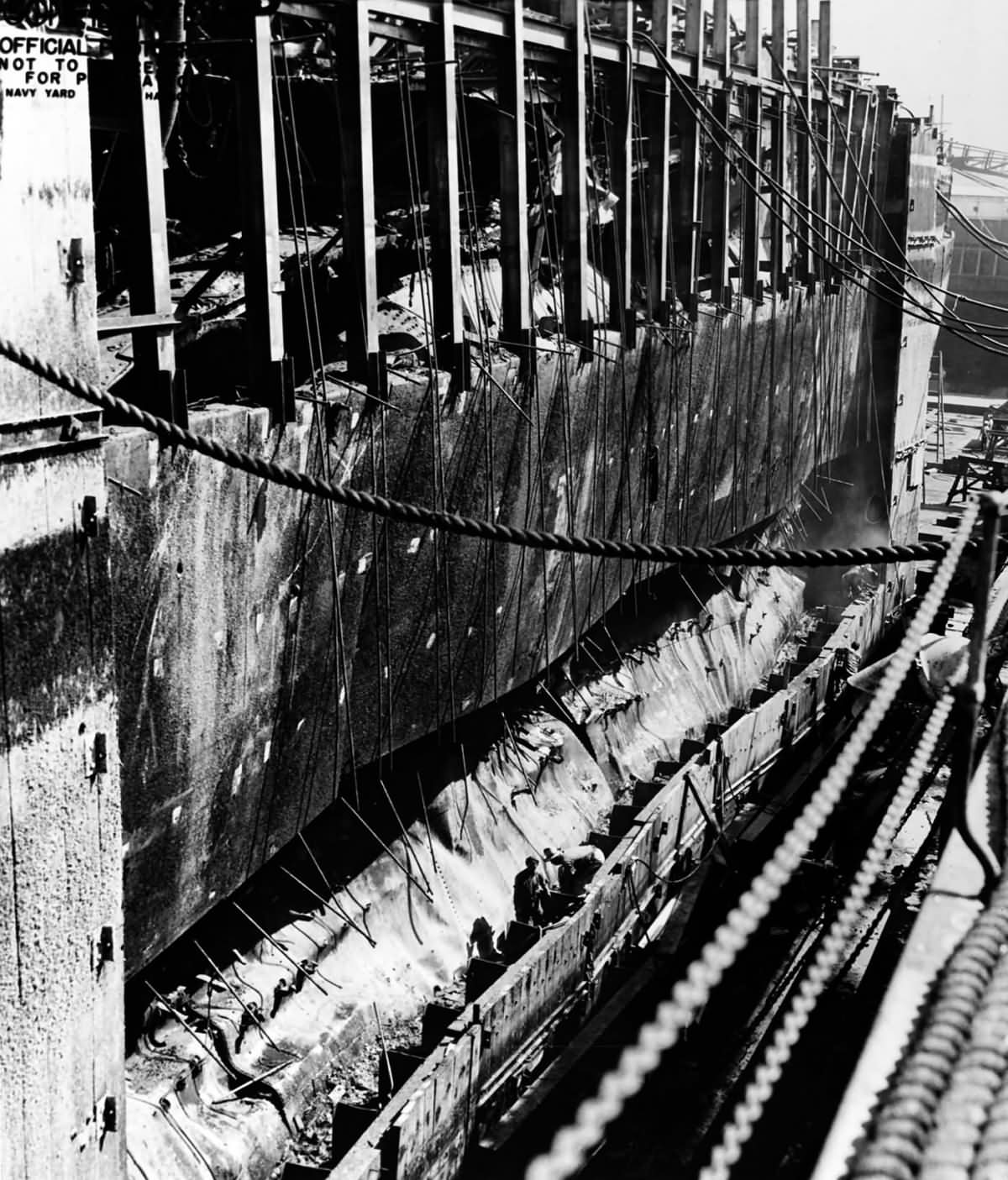USS West Virginia in drydock No 1 at Pearl Harbor Navy Yard 11 June 1942