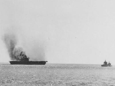 USS Yorktown CV-5 burning after Japanese attack Battle of Midway