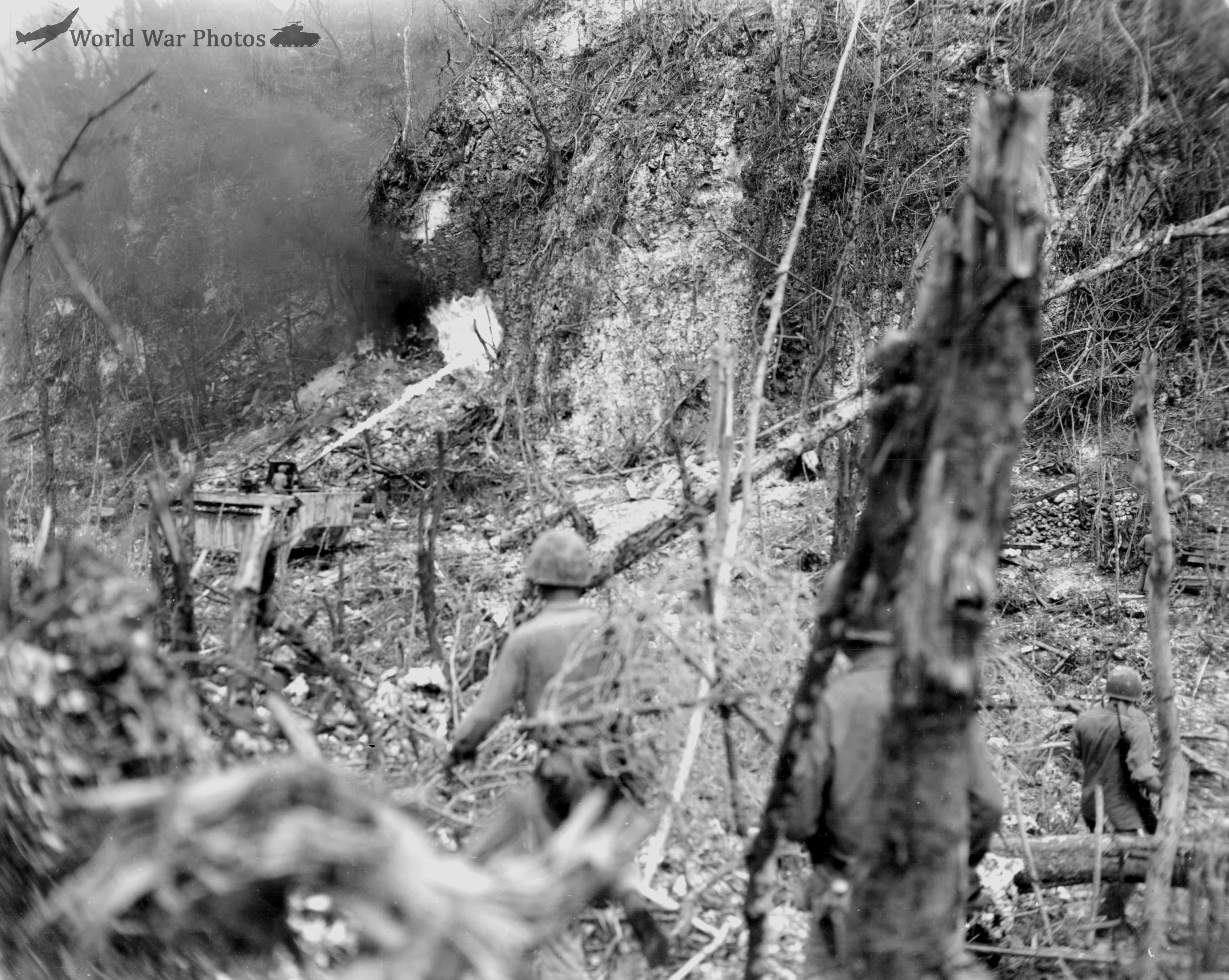 Amphibious tractors go to work on the caves Peleliu