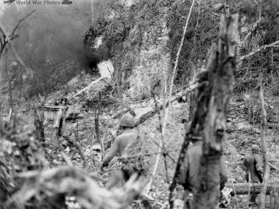 Amphibious tractors go to work on the caves Peleliu