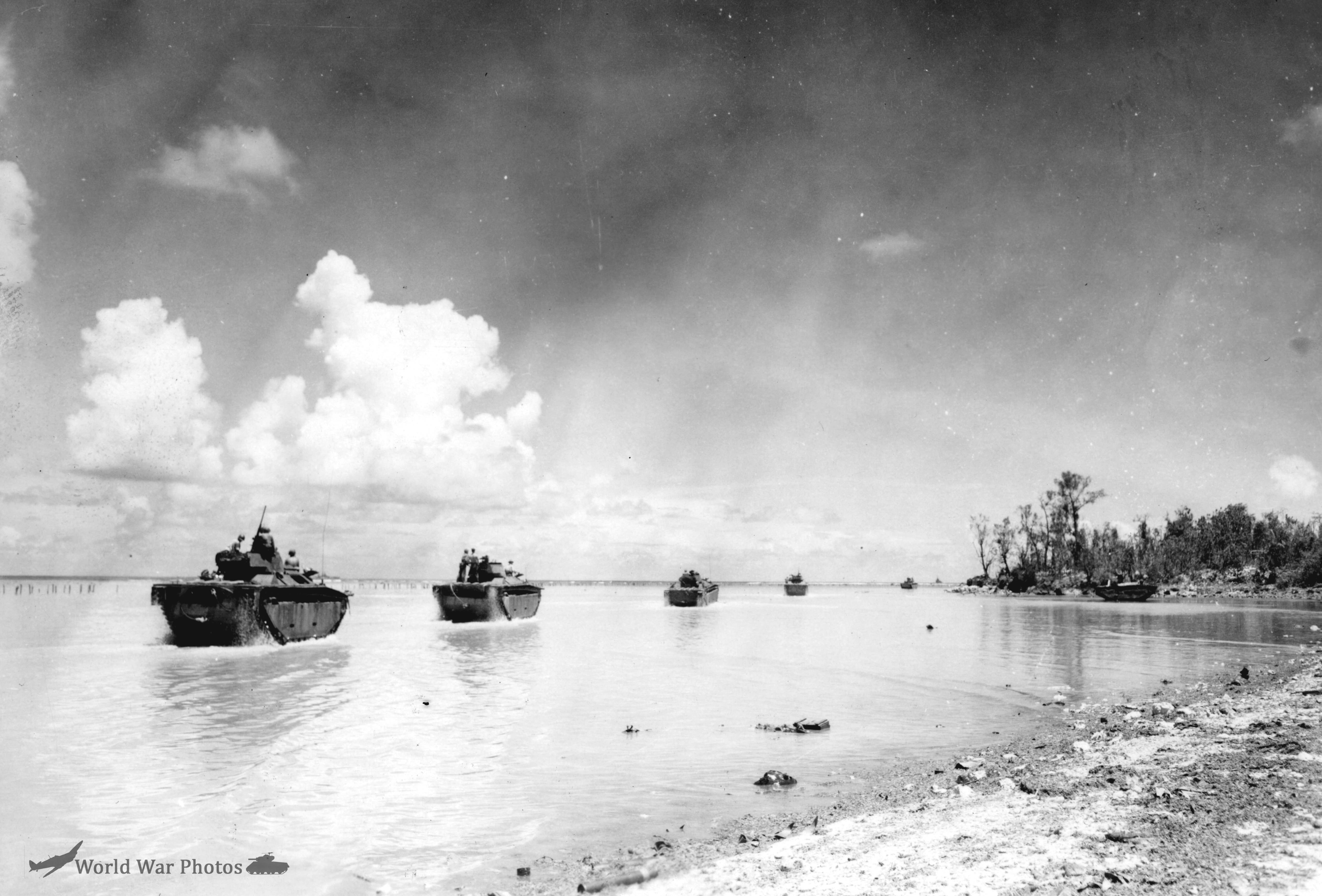 Amphibious tractors moving around death point on Peleliu