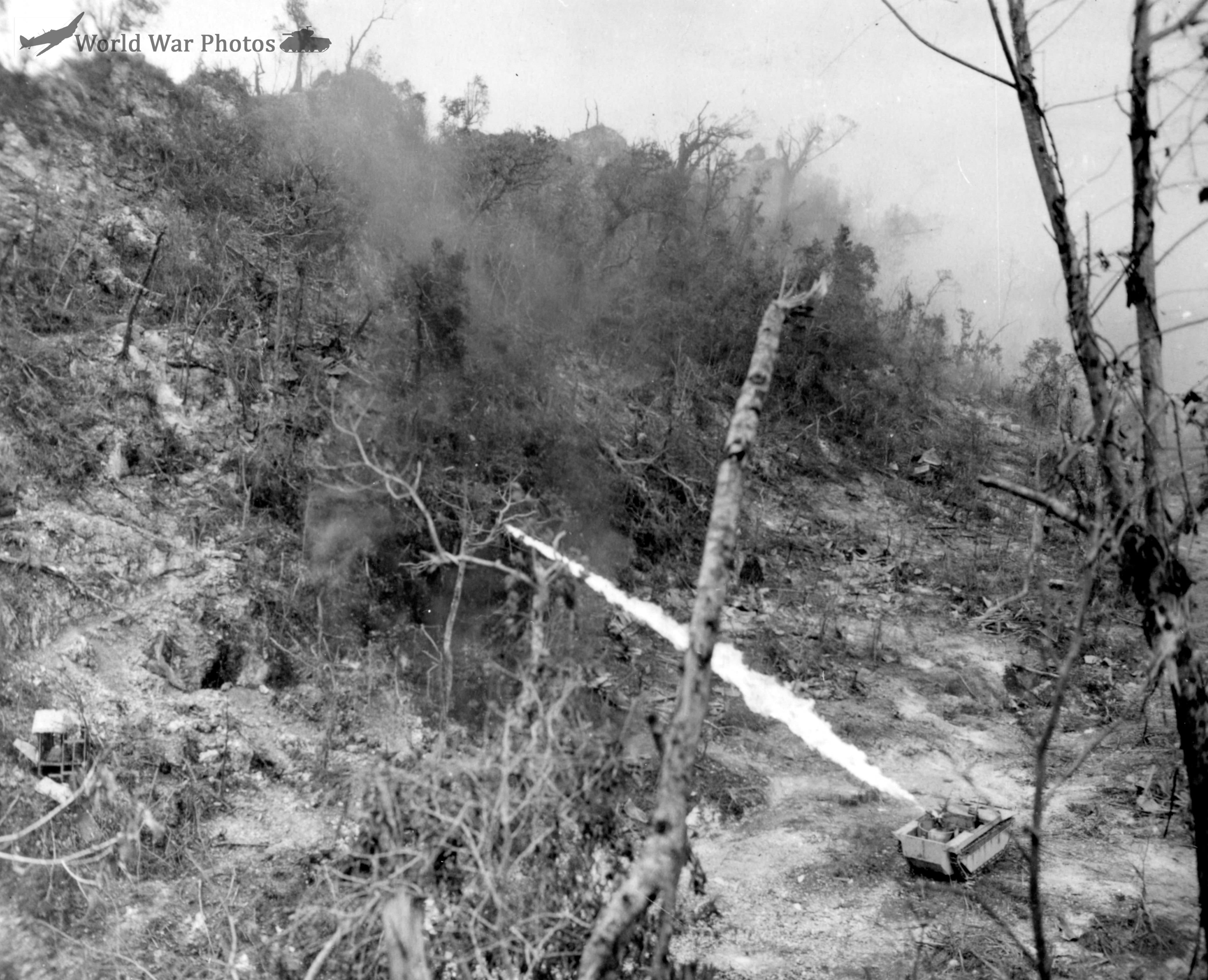 LVT-4 Amphibious tractor uses flame weapon on Peleliu