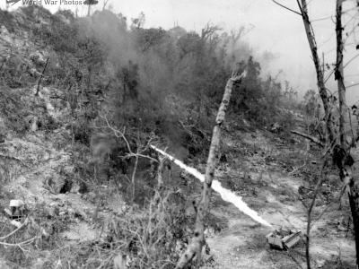 LVT-4 Amphibious tractor uses flame weapon on Peleliu