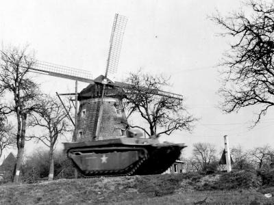 LVT Buffalo Amtrac by Windmill along Rhine River March 45 9th army