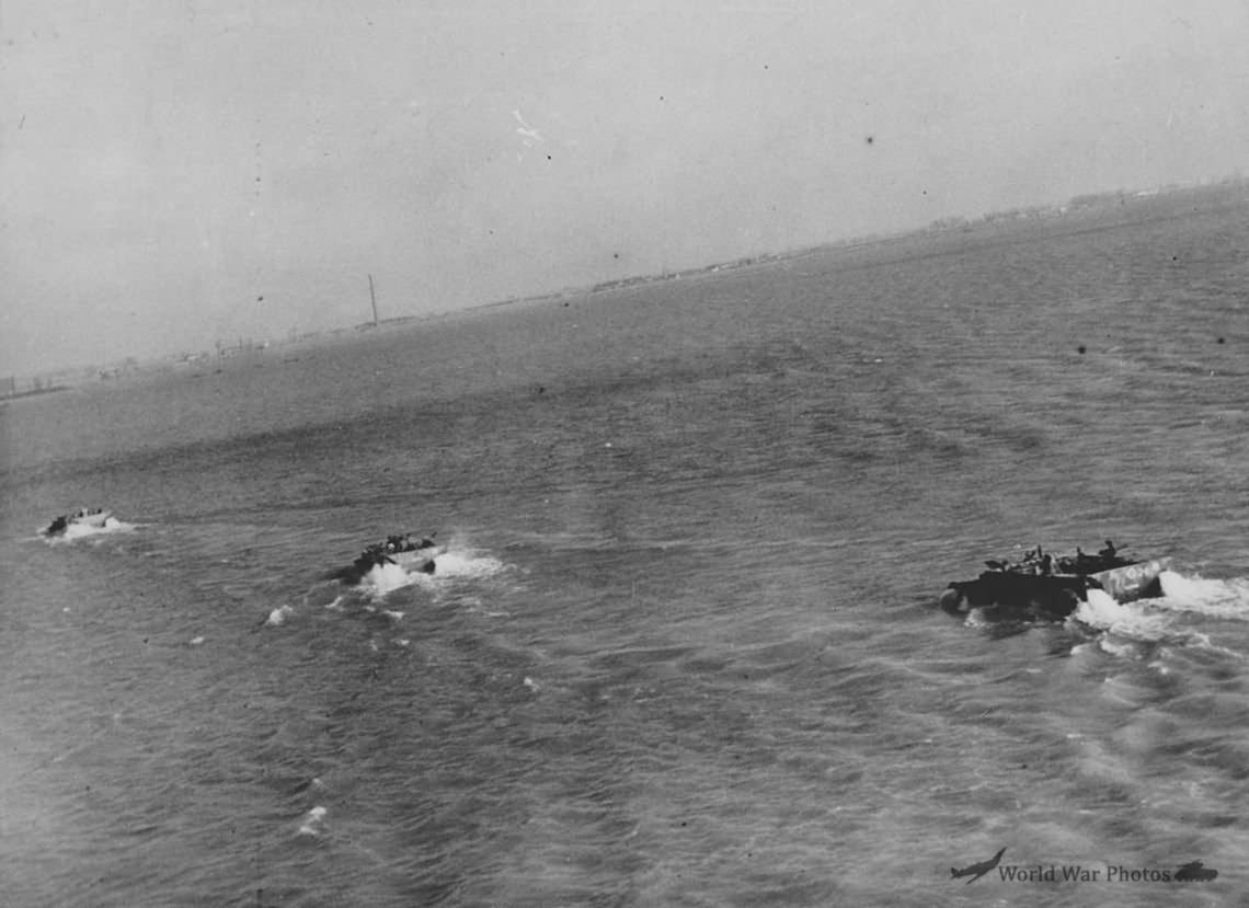 LVT amphibious carry british troops across flood Rhine Nijmegen