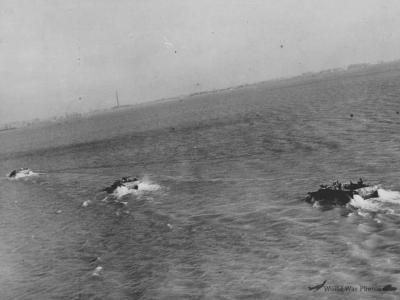 LVT amphibious carry british troops across flood Rhine Nijmegen