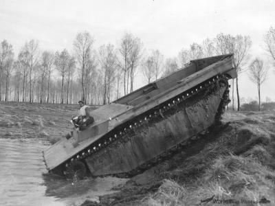 LVT is shown descending a 35 degree bank 9th US Army ETO 8 November 1944