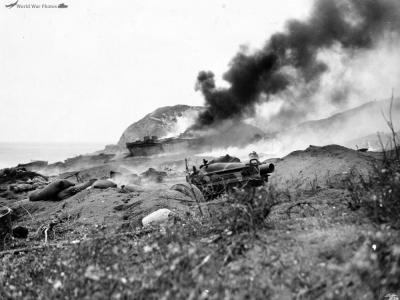 Marine Amtracs struck by Japanese mortar fire on Iwo Jima