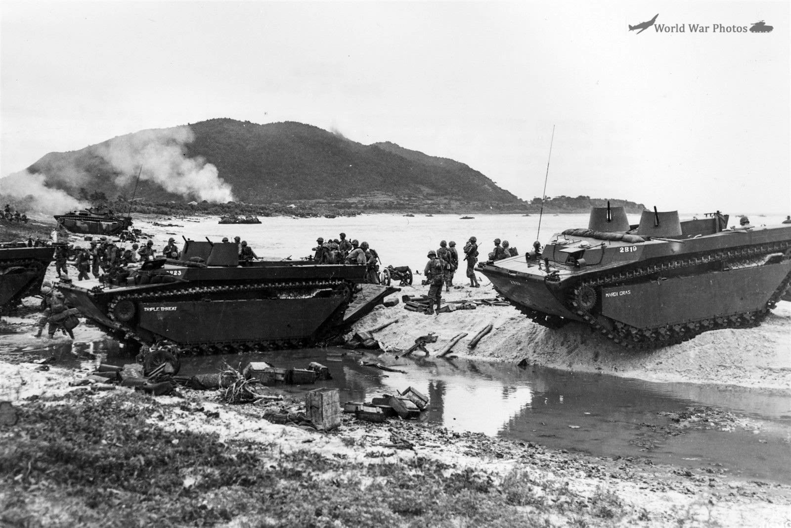 Marine LVT Company Landing Troops on Beach at Iheya Island