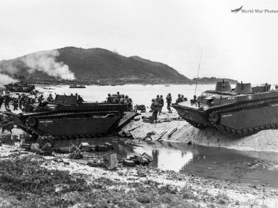 Marine LVT Company Landing Troops on Beach at Iheya Island