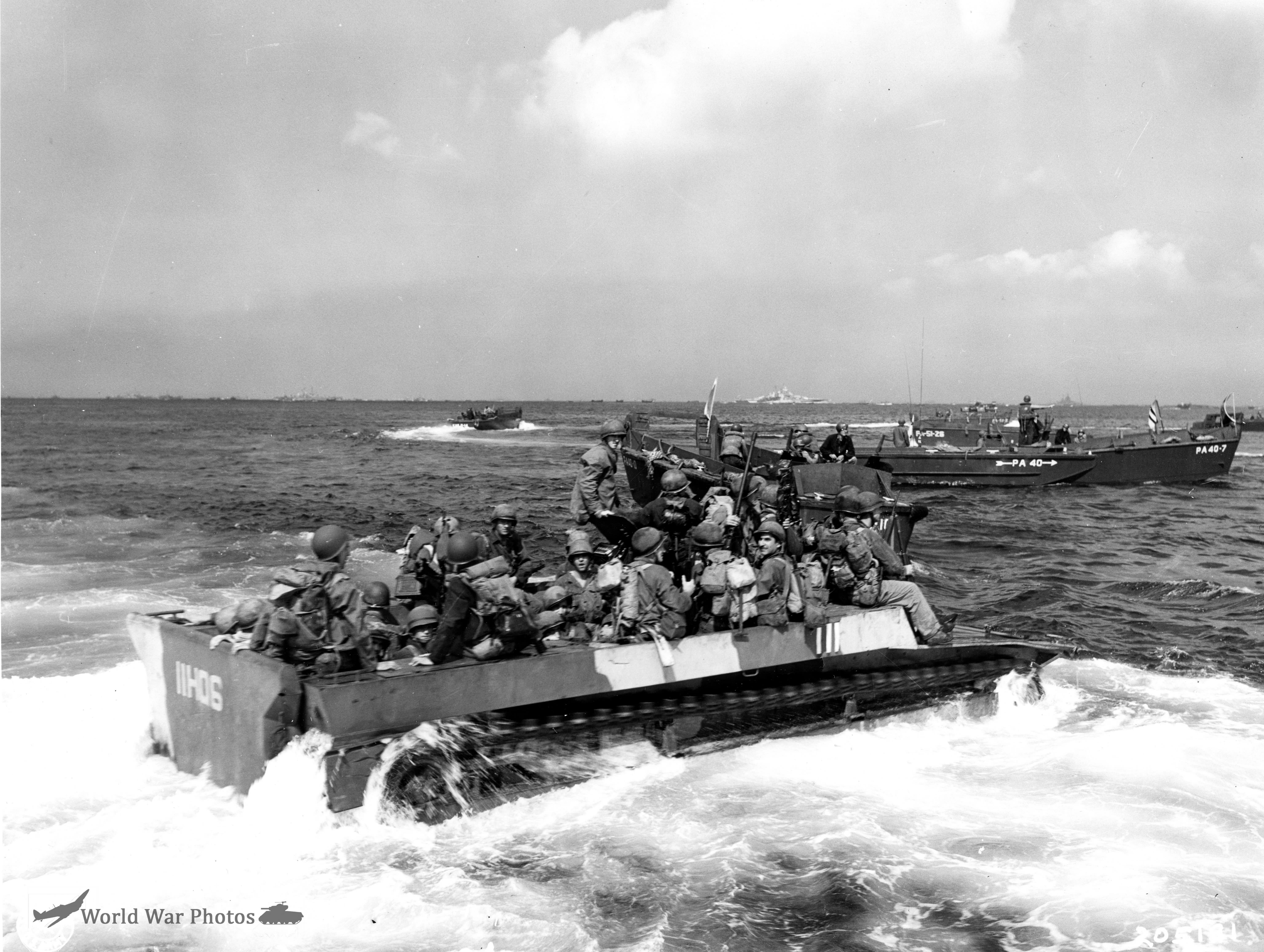 Men of 7th Infantry Division head for the beaches of Okinawa in LVT-4