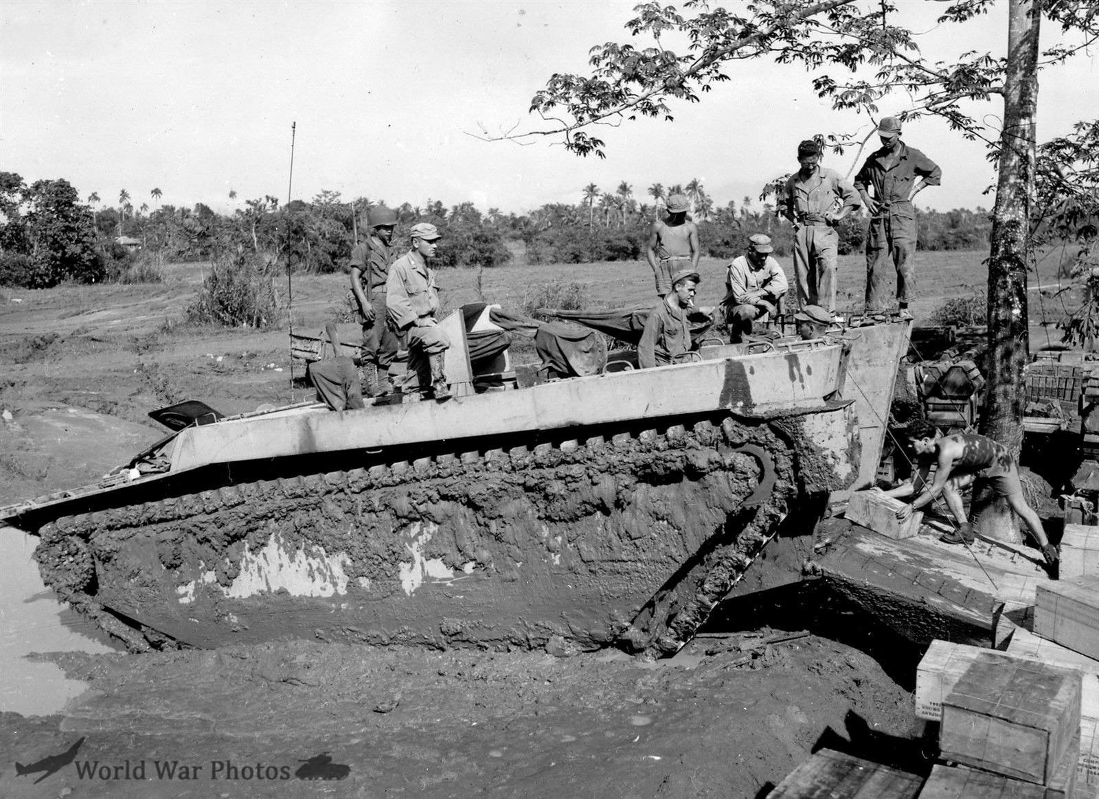 Mud Covered LVT Buffalo Amtracs Off Load Supplies Leyte 15dec44