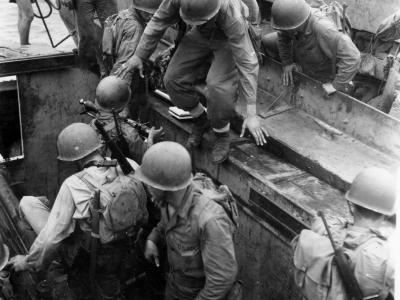 Transferring from Higgins Boats to amphibious tractors Guadalcanal 10 March 1944