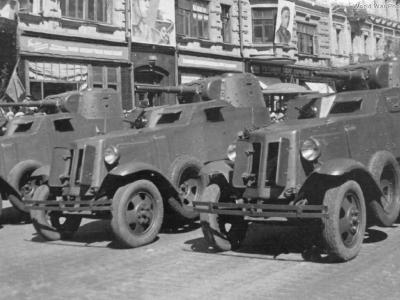 BA-10A armored cars during a parade