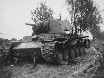 Abandoned KV-1 tank with a bullet holes in its turret