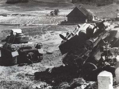 destroyed heavy tank KV-1 and Panzer IV in the background