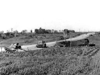 KV-1 and T-26 tanks destroyed on the roadside 1941