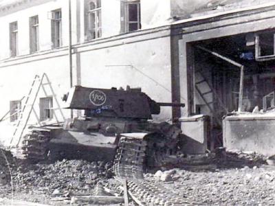 Destroyed tank KV-1 model 1941 on city street
