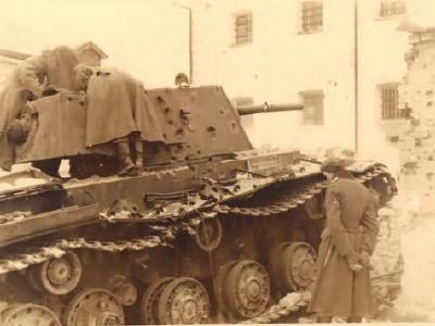 KV-1 tank with numerous hits on turret 2