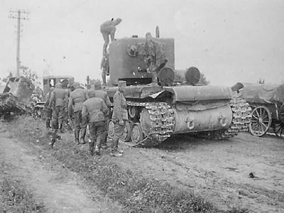 Heavy assault tank KV-2 on road after capture by German forces, Summer 1941