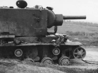 KV-2 heavy tank destroyed on the roadside
