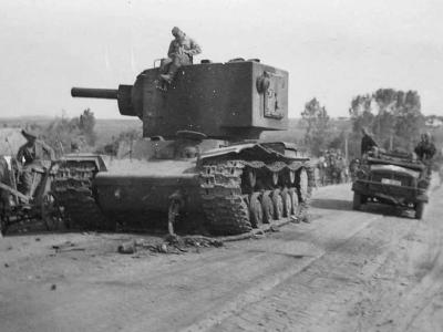 KV-2 tank on a typically primitive Russian road