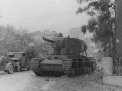 abandoned KV-2 tank on road 1941