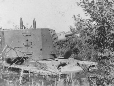 Early production heavy tank KV-2 (model 1940) with a bullet holes in its turret