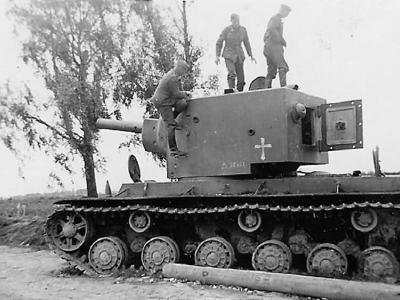 Knocked out heavy assault tank KV-2 after capture by German forces, Summer 1941