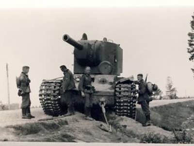 heavy tank KV-2 abandoned on the roadside and captured by the Germans forces